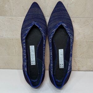 Rothy's Pointed Toe Bright Blue Birdseye Space Dye Knit Flats with Orange Soles